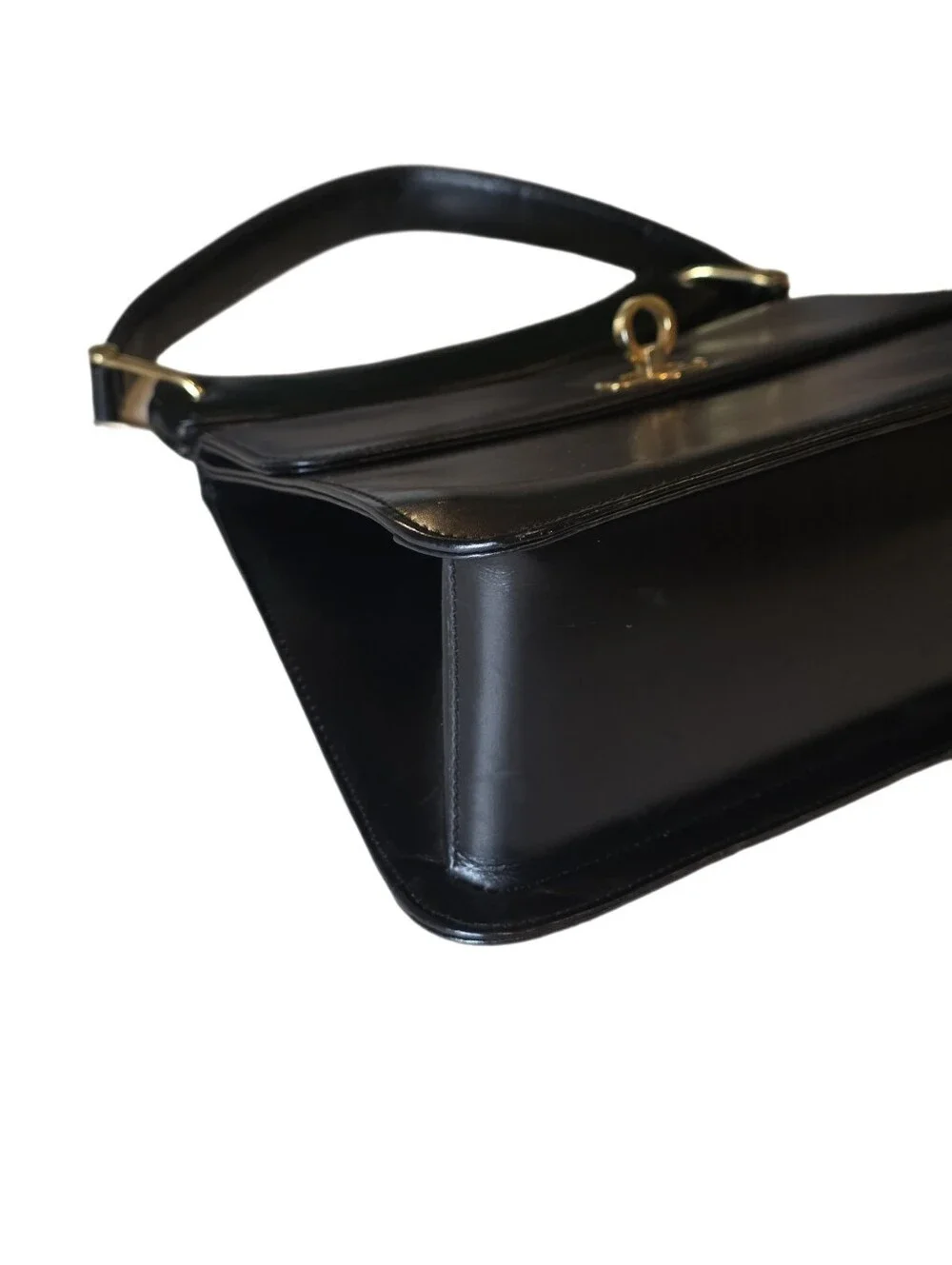 Vintage Black Leather Kelly Style Top Handle Bag Clasp Satchel